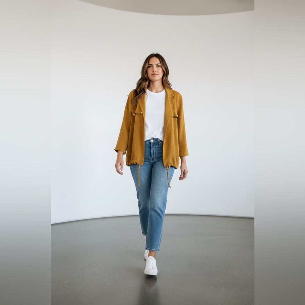 Mustard Drawstring Open Blazer Jacket - Women